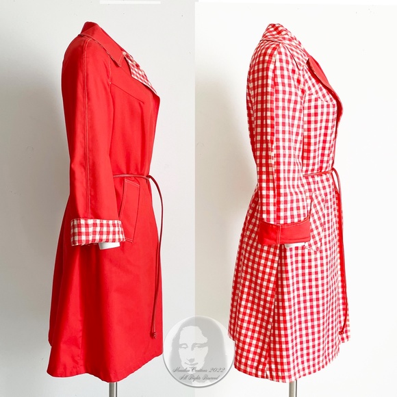 Rain Coat with Leather Belt Reversible Gingham Check Red White Vintage Sz 8 - Picture 6 of 9